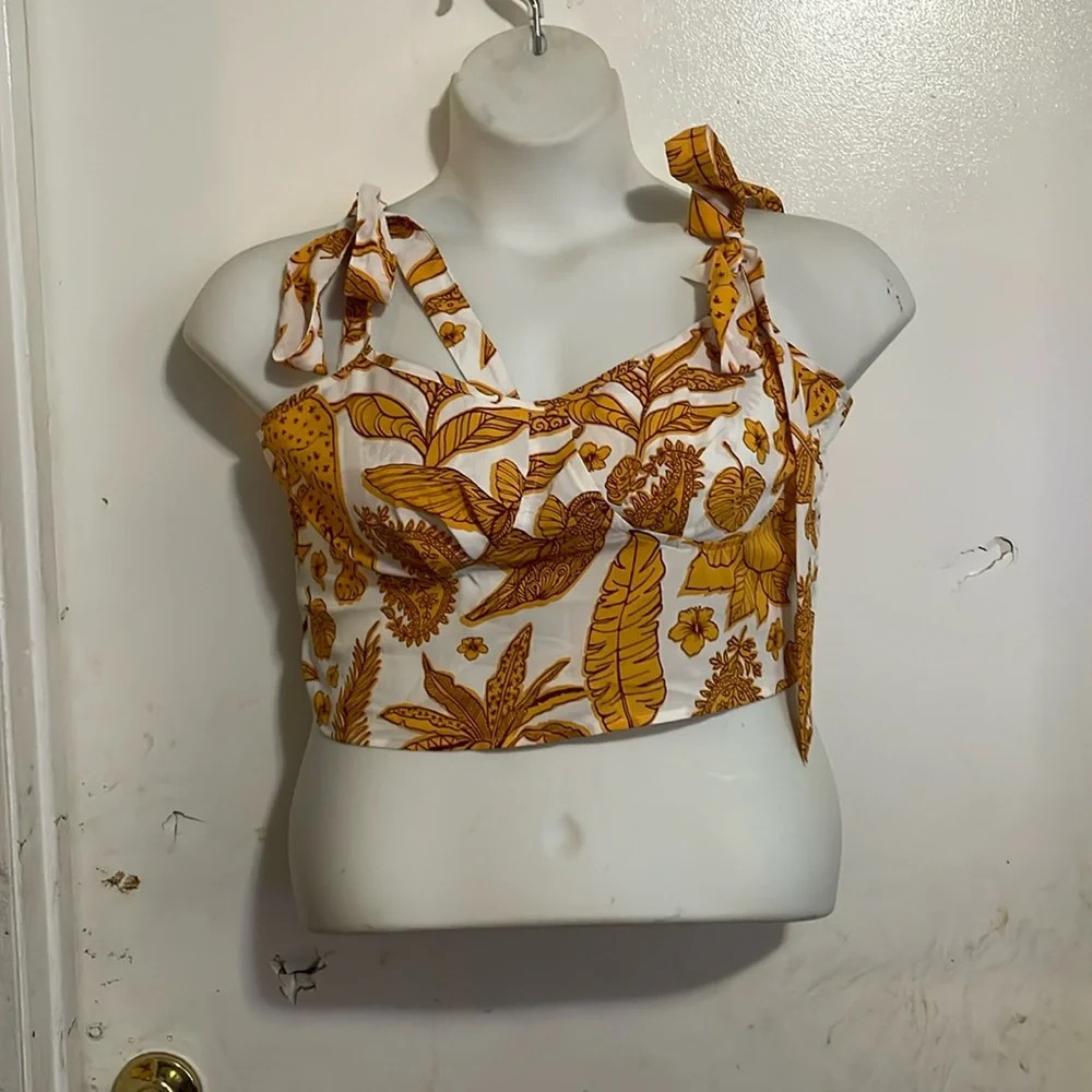 Cider boho tropical tiger gold white tie strap crop tank top 1XL smocked back - Picture 2 of 9